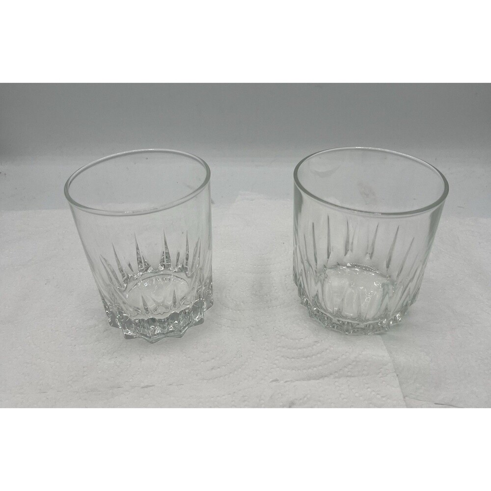 2 VTG Arcoroc France Clear Vertical Cut On The Rocks LANCER Glasses 10.5 oz   10